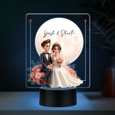 Personalized Wedding Couple LED Night Light with Moon and Roses, Color Changing Acrylic Lamp with Black Base Wedding Gift for Friends Customized Gifts for Couple